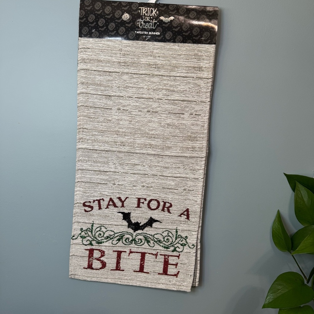 Halloween Trick Treat NEW Tapestry Table Runner “Stay for a Bite” 13x54